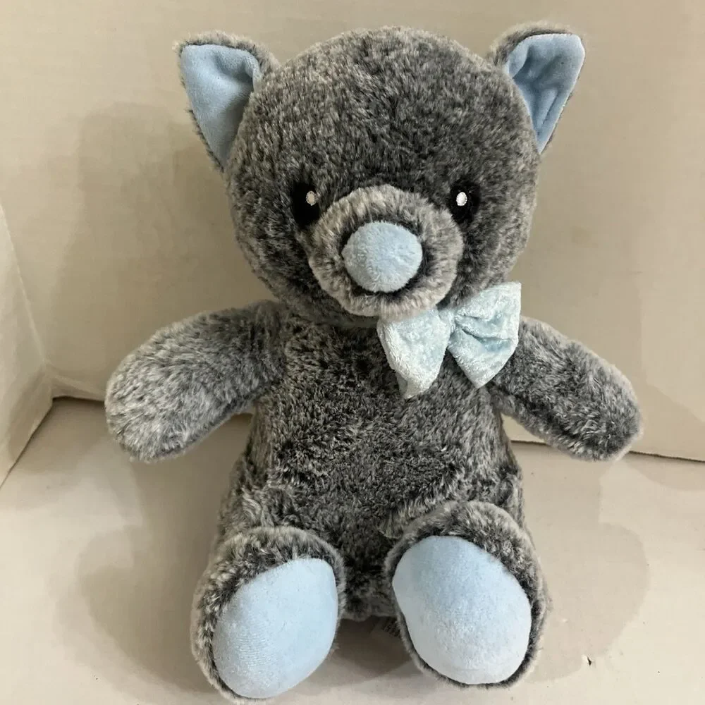 Lucky the Cat Grey & Blue Bow Squeaker Stuffed Animal Embroidered Eyes 10”